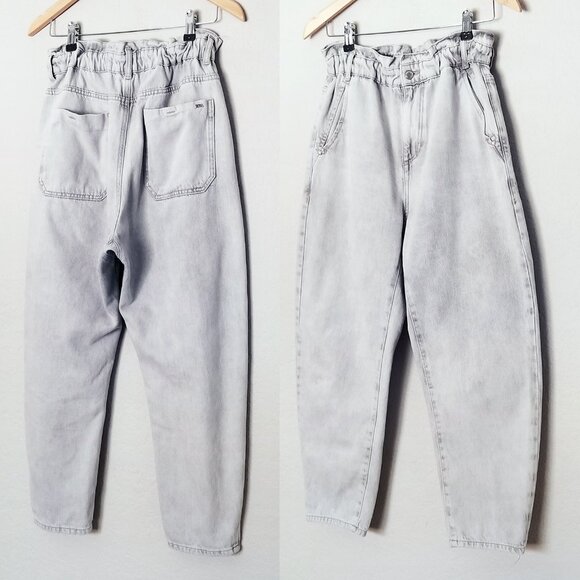 Zara Baggy Paperbag Elastic High Waist Light Grey Gray Denim Jeans Size 6 Ankle - Picture 7 of 16